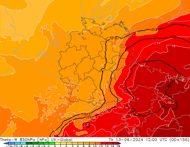 Theta-W 850hPa UK-Global Th 13.06.2024 12 UTC