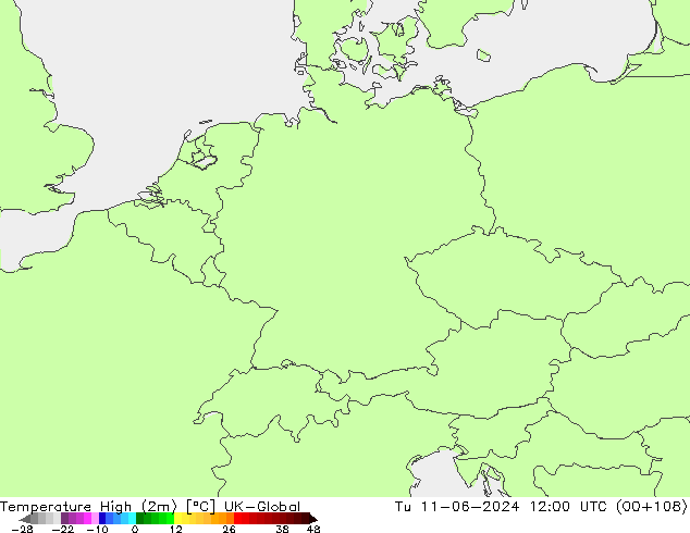 Temperature High (2m) UK-Global Tu 11.06.2024 12 UTC