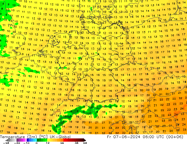 Temperature (2m) UK-Global Pá 07.06.2024 06 UTC