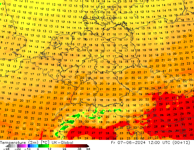 Temperatura (2m) UK-Global ven 07.06.2024 12 UTC