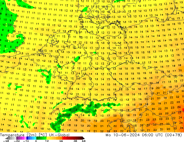 Temperature (2m) UK-Global Mo 10.06.2024 06 UTC