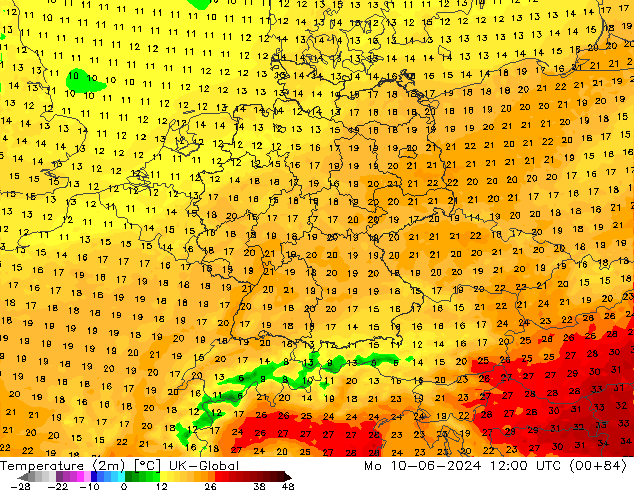 Temperaturkarte (2m) UK-Global Mo 10.06.2024 12 UTC