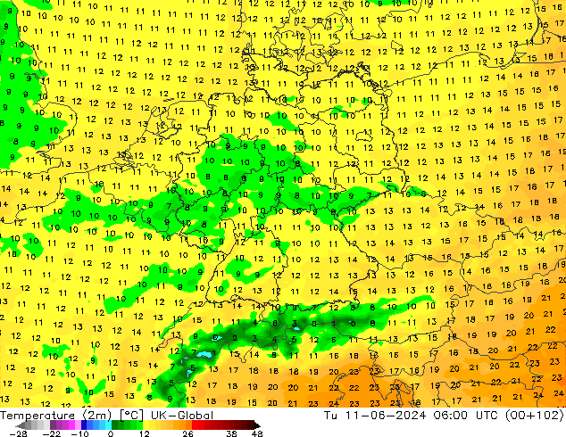Sıcaklık Haritası (2m) UK-Global Sa 11.06.2024 06 UTC