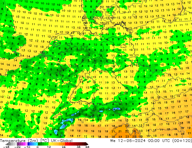 Temperature (2m) UK-Global We 12.06.2024 00 UTC