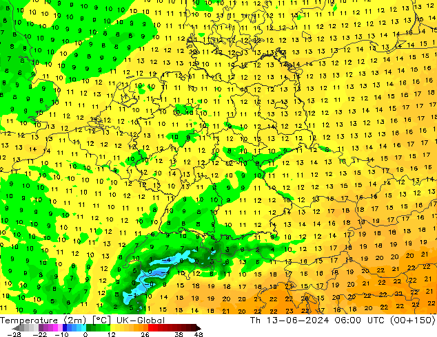 mapa temperatury (2m) UK-Global czw. 13.06.2024 06 UTC