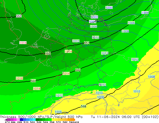 Dikte 500-1000hPa UK-Global di 11.06.2024 06 UTC