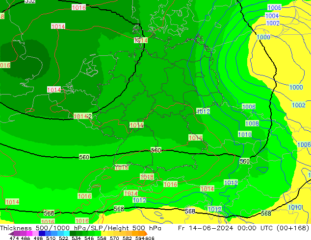 Dikte 500-1000hPa UK-Global vr 14.06.2024 00 UTC