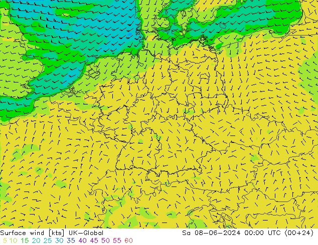 Wind 10 m UK-Global za 08.06.2024 00 UTC