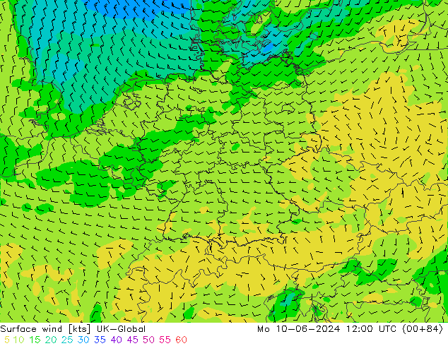 Surface wind UK-Global Mo 10.06.2024 12 UTC