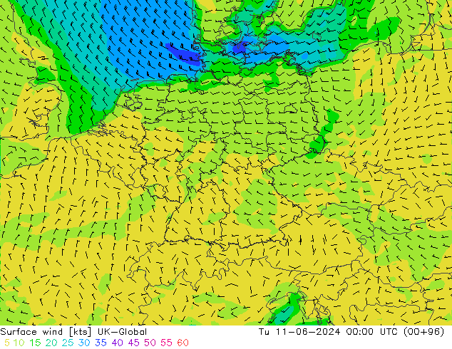 Vento 10 m UK-Global Ter 11.06.2024 00 UTC