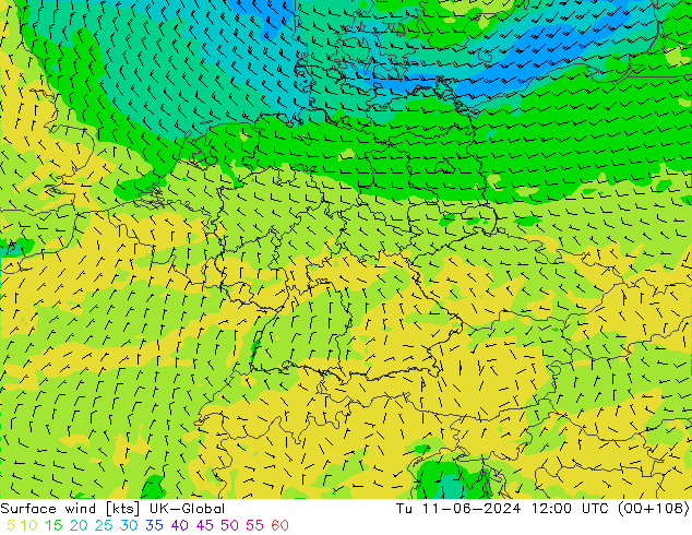 Surface wind UK-Global Tu 11.06.2024 12 UTC