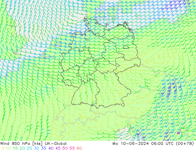 Wind 850 hPa UK-Global Po 10.06.2024 06 UTC