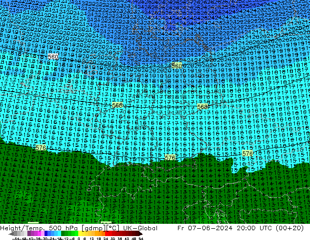 Hoogte/Temp. 500 hPa UK-Global vr 07.06.2024 20 UTC