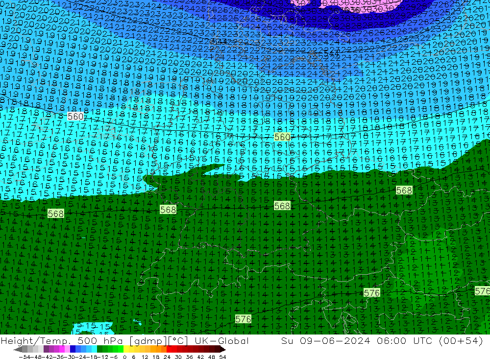 Hoogte/Temp. 500 hPa UK-Global zo 09.06.2024 06 UTC