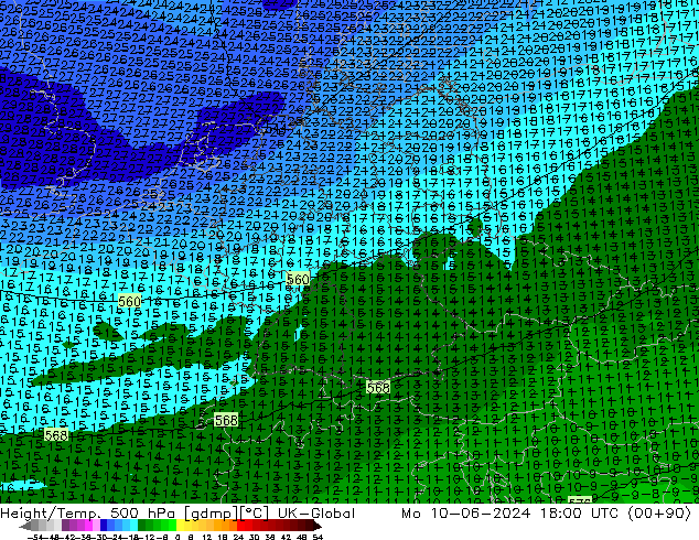 Height/Temp. 500 hPa UK-Global Mo 10.06.2024 18 UTC