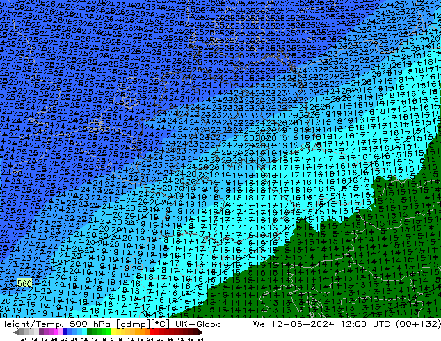 Height/Temp. 500 hPa UK-Global We 12.06.2024 12 UTC