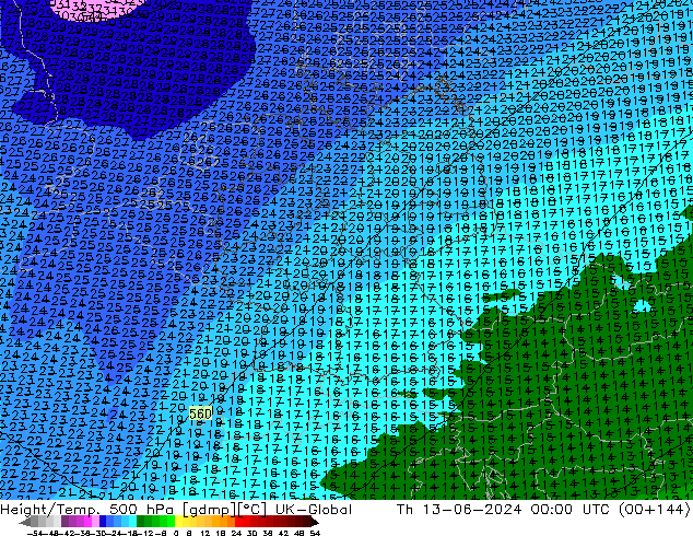 Height/Temp. 500 hPa UK-Global Th 13.06.2024 00 UTC