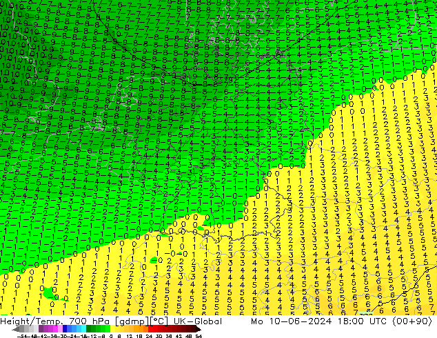 Géop./Temp. 700 hPa UK-Global lun 10.06.2024 18 UTC