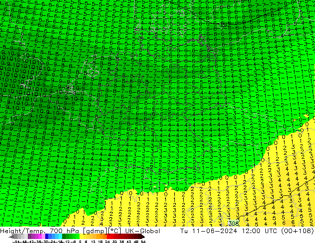 Yükseklik/Sıc. 700 hPa UK-Global Sa 11.06.2024 12 UTC