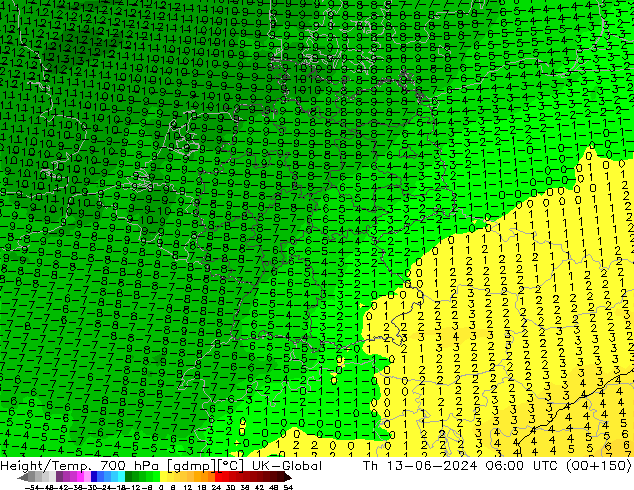 Height/Temp. 700 hPa UK-Global Čt 13.06.2024 06 UTC