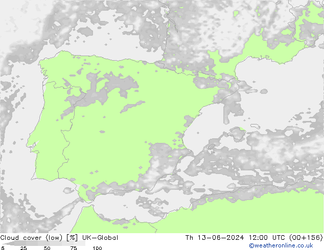 Cloud cover (low) UK-Global Th 13.06.2024 12 UTC