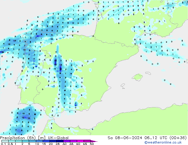 Precipitazione (6h) UK-Global sab 08.06.2024 12 UTC