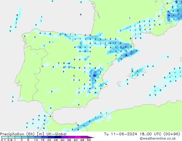 Totale neerslag (6h) UK-Global di 11.06.2024 00 UTC