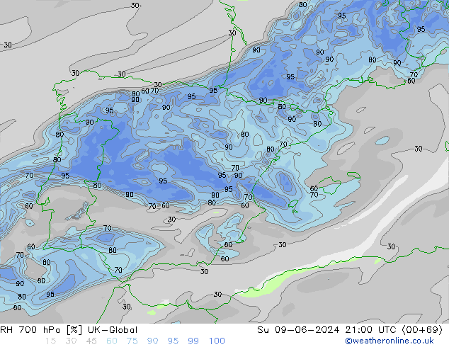 RH 700 hPa UK-Global Dom 09.06.2024 21 UTC
