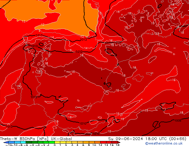 Theta-W 850hPa UK-Global Su 09.06.2024 18 UTC