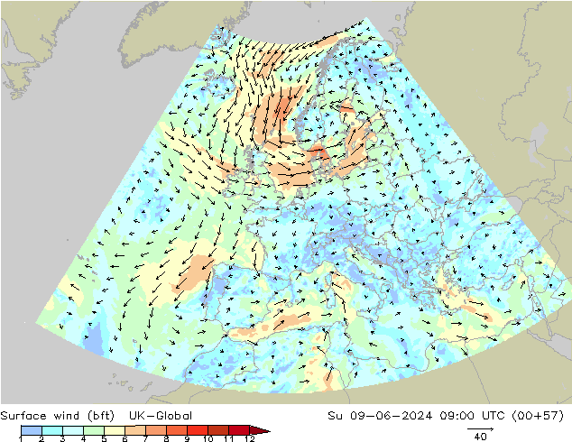 Surface wind (bft) UK-Global Su 09.06.2024 09 UTC