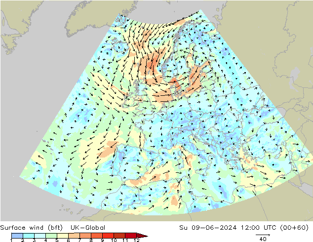 Surface wind (bft) UK-Global Ne 09.06.2024 12 UTC