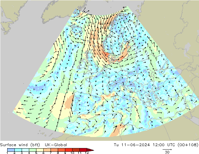 Bodenwind (bft) UK-Global Di 11.06.2024 12 UTC