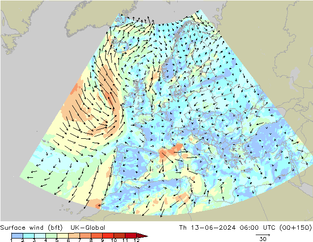 wiatr 10 m (bft) UK-Global czw. 13.06.2024 06 UTC