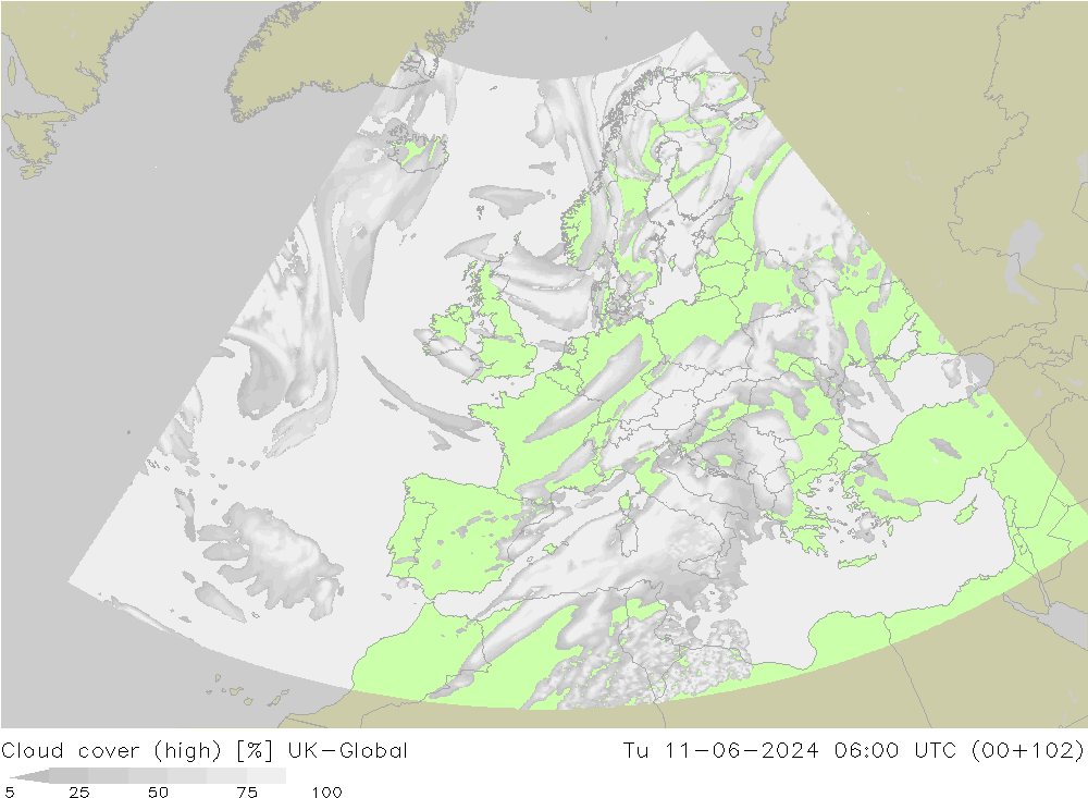 Cloud cover (high) UK-Global Tu 11.06.2024 06 UTC