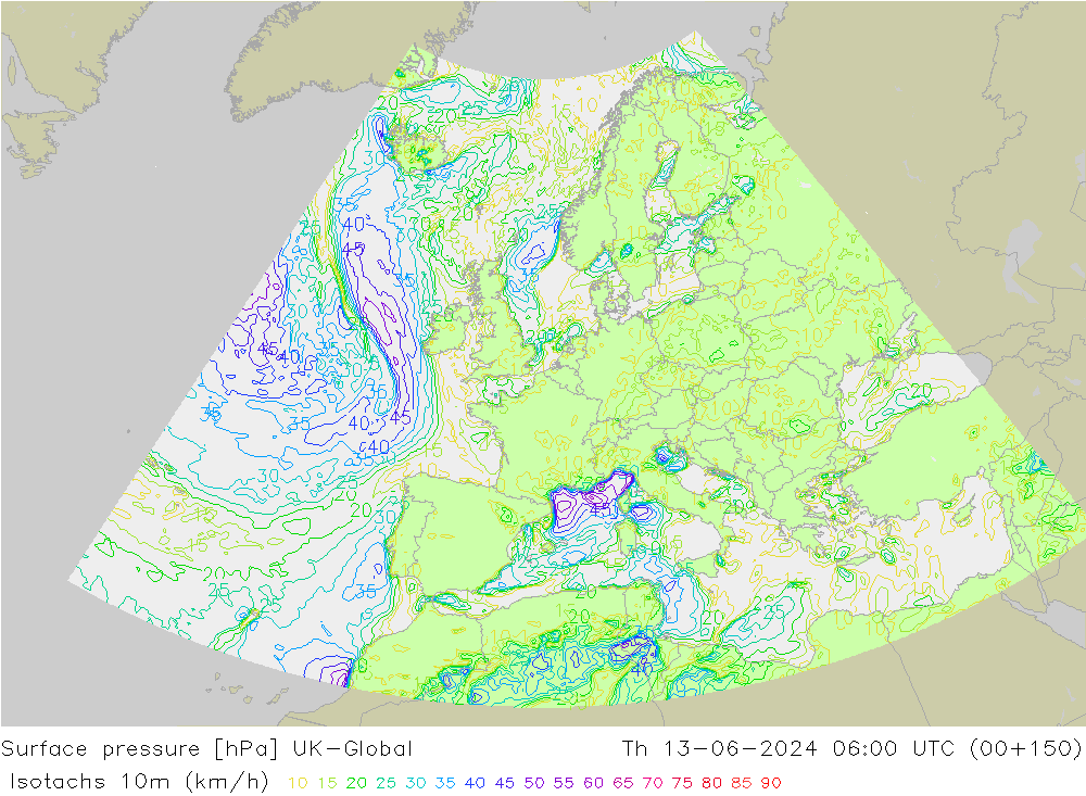 Isotachs (kph) UK-Global Th 13.06.2024 06 UTC