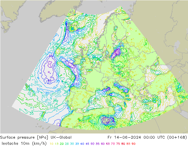 Isotachen (km/h) UK-Global Fr 14.06.2024 00 UTC