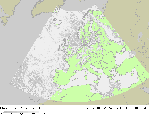 Cloud cover (low) UK-Global Fr 07.06.2024 03 UTC