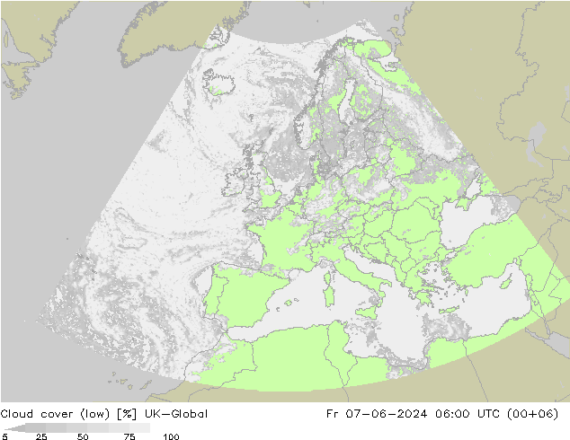 Bewolking (Laag) UK-Global vr 07.06.2024 06 UTC