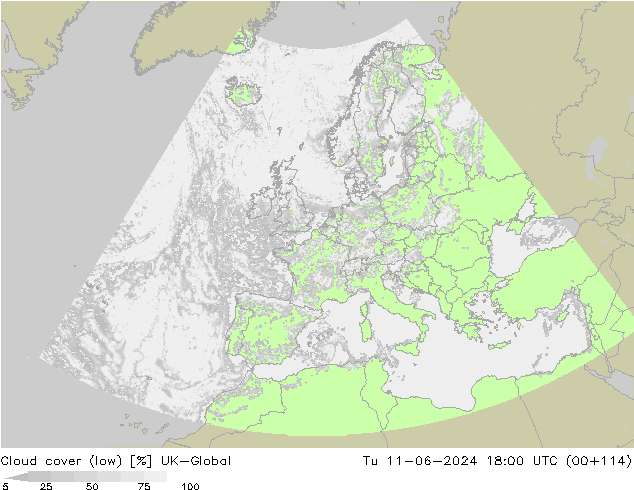 Cloud cover (low) UK-Global Tu 11.06.2024 18 UTC