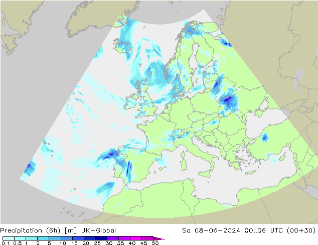 Precipitación (6h) UK-Global sáb 08.06.2024 06 UTC