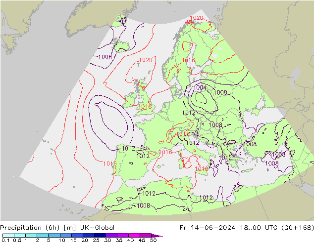 Precipitation (6h) UK-Global Fr 14.06.2024 00 UTC