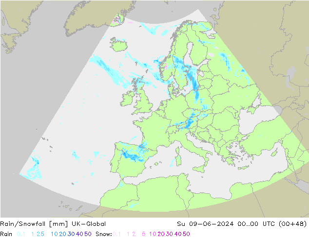 Rain/Snowfall UK-Global dom 09.06.2024 00 UTC