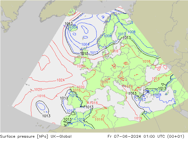 Atmosférický tlak UK-Global Pá 07.06.2024 01 UTC