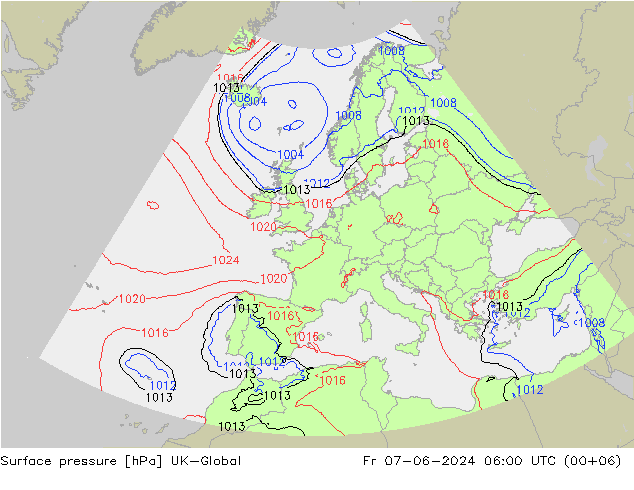 Pressione al suolo UK-Global ven 07.06.2024 06 UTC