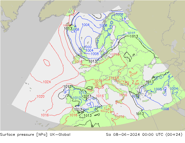 Pressione al suolo UK-Global sab 08.06.2024 00 UTC