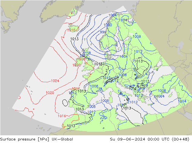 Presión superficial UK-Global dom 09.06.2024 00 UTC