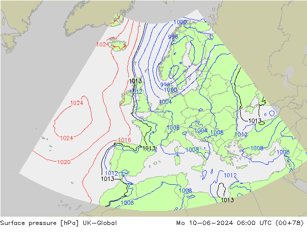 Surface pressure UK-Global Mo 10.06.2024 06 UTC