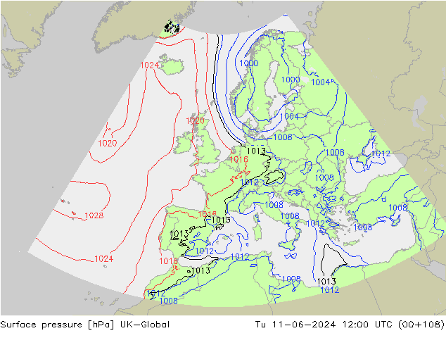 Atmosférický tlak UK-Global Út 11.06.2024 12 UTC