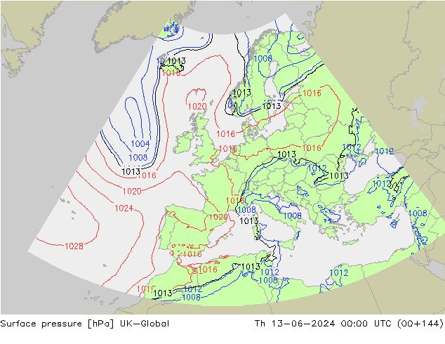 Surface pressure UK-Global Th 13.06.2024 00 UTC