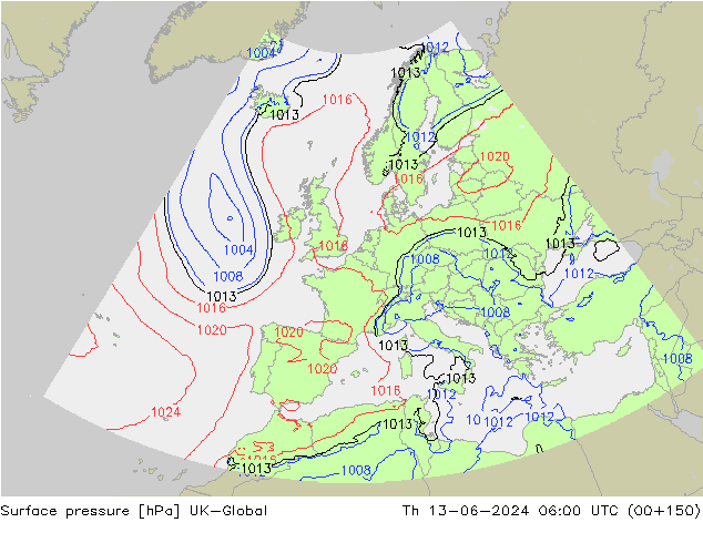 Presión superficial UK-Global jue 13.06.2024 06 UTC